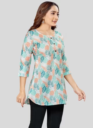 Print Work Blended Cotton Casual Kurti In Off White for Casual