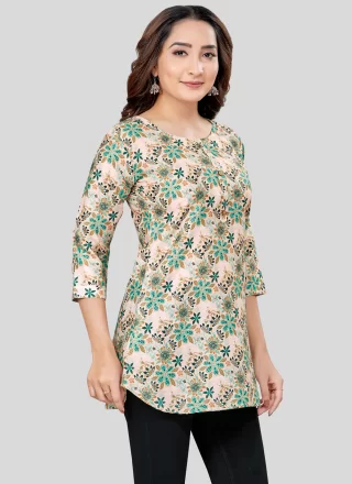 Print Work Blended Cotton Designer Kurti In Peach