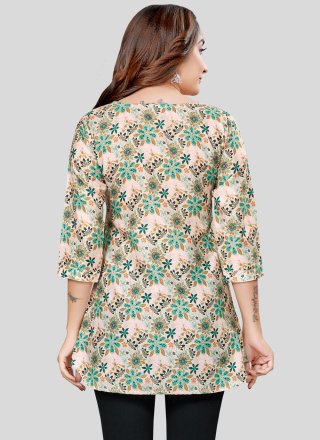 Print Work Blended Cotton Designer Kurti In Peach