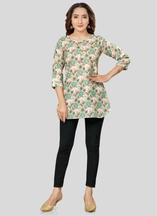 Print Work Blended Cotton Designer Kurti In Peach