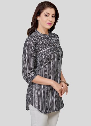 Print Work Blended Cotton Party Wear Kurti In Grey