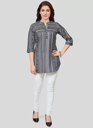 Print Work Blended Cotton Party Wear Kurti In Grey