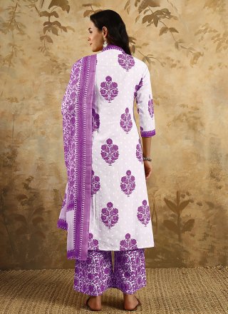 Print Work Blended Cotton Salwar Suit In Purple for Casual