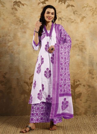 Print Work Blended Cotton Salwar Suit In Purple for Casual