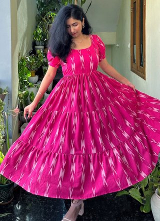 Print Work Chanderi Designer Kurti In Pink and Rani for Ceremonial
