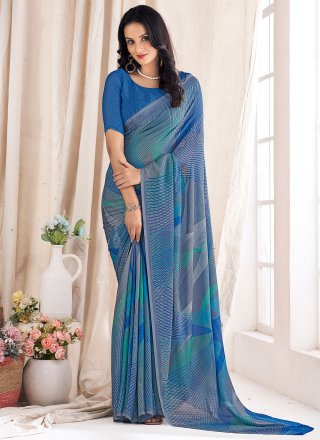 Print Work Chiffon Classic Sari In Blue