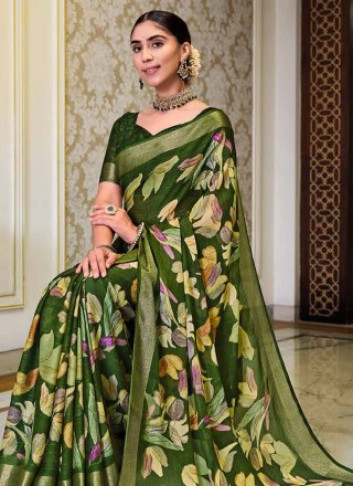 Print Work Chiffon Classic Sari In Green