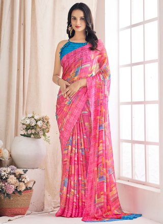 Print Work Chiffon Classic Sari In Pink for Casual