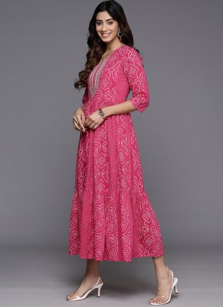 Print Work Cotton Casual Kurti In Pink