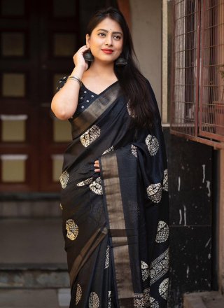 Print Work Cotton Contemporary Sari In Black