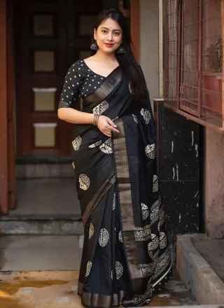 Print Work Cotton Contemporary Sari In Black