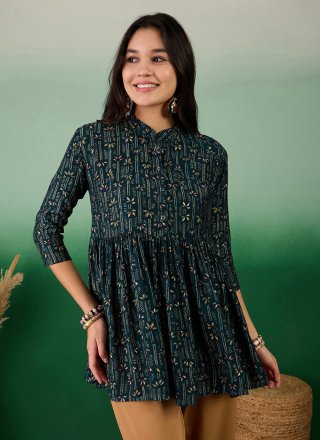 Print Work Cotton Designer In Green