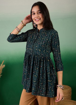 Print Work Cotton Designer In Green