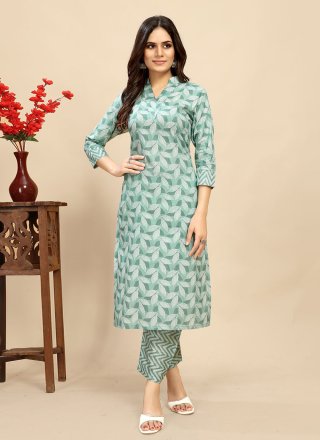 Print Work Cotton Designer Kurti In Green