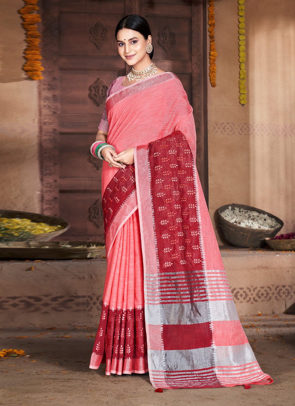 Flamingo Pink Tissue Cotton Saree