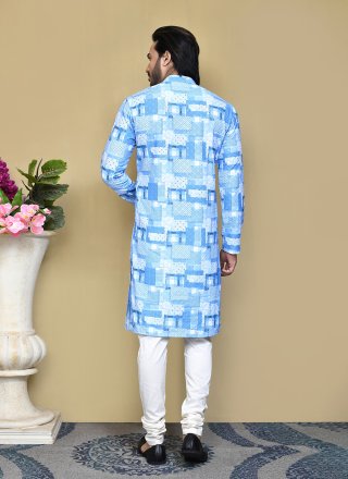 Print Work Cotton Kurta Pyjama In Aqua Blue for Festival