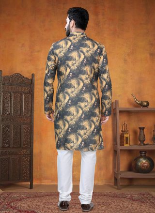 Print Work Cotton Kurta Pyjama In Black and Yellow