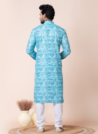 Print Work Cotton Kurta Pyjama In Multi Colour
