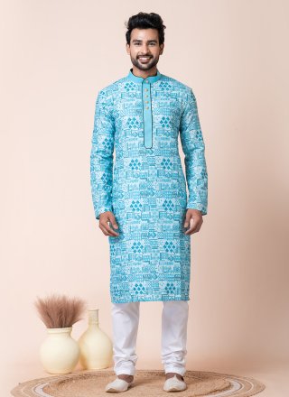 Print Work Cotton Kurta Pyjama In Multi Colour