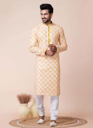 Print Work Cotton Kurta Pyjama In Multi Colour for Festival