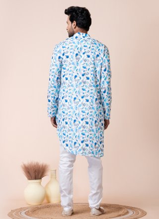 Print Work Cotton Kurta Pyjama In Multi Colour for Festival