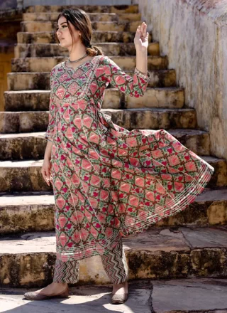 Print Work Cotton Party Wear Kurti In Multi Colour for Ceremonial
