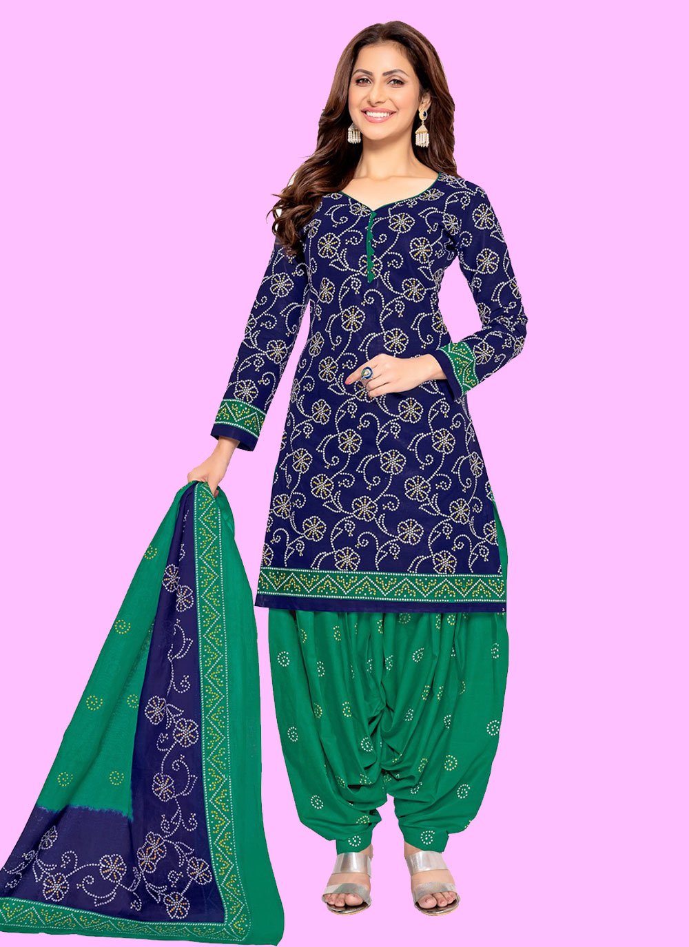 Print Work Cotton Punjabi Salwar Suit In Blue Buy Online -