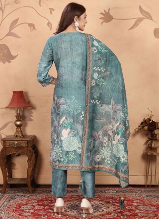 Print Work Cotton Readymade Salwar Suit In Blue and Teal