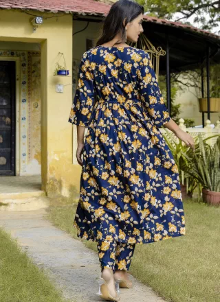 Print Work Cotton Salwar Suit In Blue