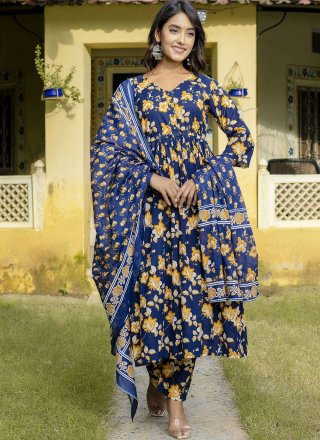 Print Work Cotton Salwar Suit In Blue