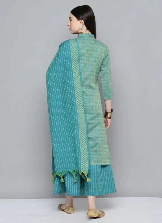 Print Work Cotton Salwar Suit In Firozi for Ceremonial