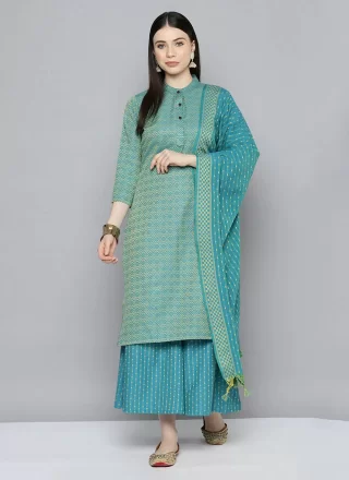 Print Work Cotton Salwar Suit In Firozi for Ceremonial
