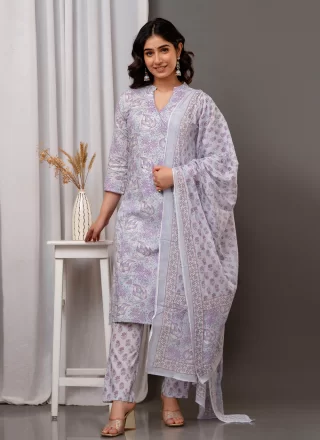 Print Work Cotton Salwar Suit In Lavender