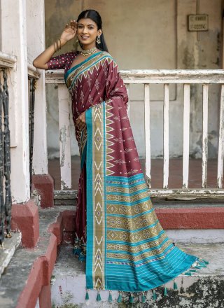 Print Work Cotton Silk Contemporary Sari In Maroon