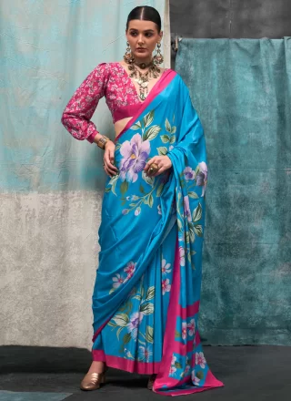 Print Work Crepe Silk Classic Saree In Blue