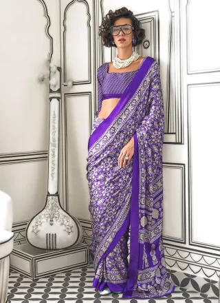 Print Work Crepe Silk Classic Saree In Purple
