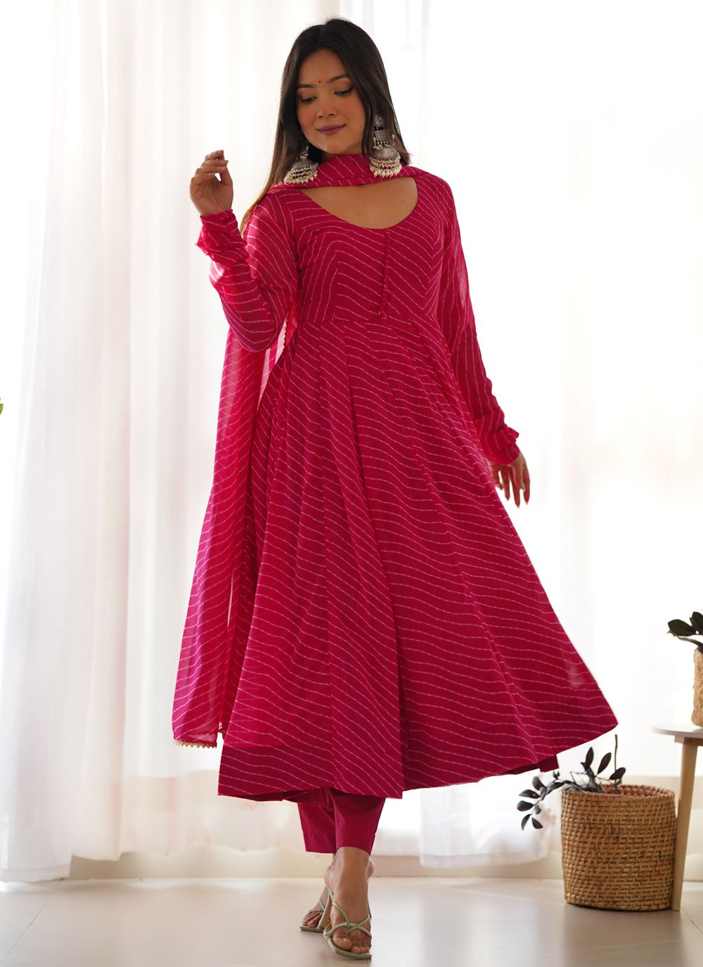 Print Work Faux Georgette Anarkali Suit In Rani Buy Online