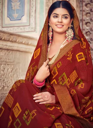 Print Work Georgette Classic Sari In Maroon
