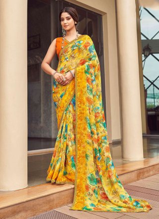 Print Work Georgette Contemporary Saree In Yellow