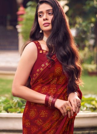 Print Work Georgette Contemporary Sari In Burgundy