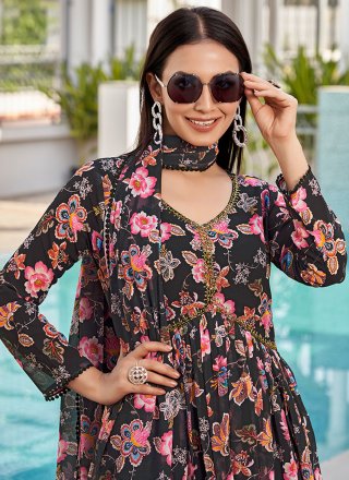 Print Work Georgette  Designer Gown In Black