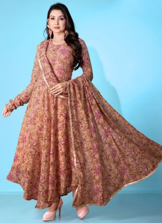 Print Work Georgette Gown In Peach