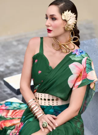 Print Work Georgette Trendy Saree In Green