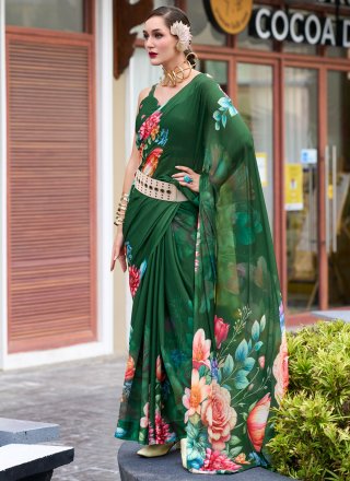 Print Work Georgette Trendy Saree In Green