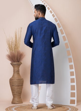 Print Work Jacquard Kurta Pyjama In Blue for Festival
