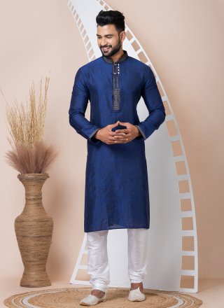 Print Work Jacquard Kurta Pyjama In Blue for Festival