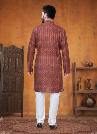 Print Work Jacquard Kurta Pyjama In Maroon for Ceremonial