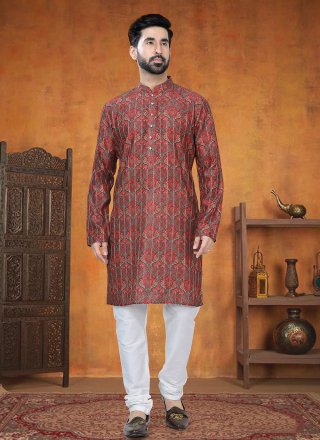 Print Work Jacquard Kurta Pyjama In Maroon for Ceremonial