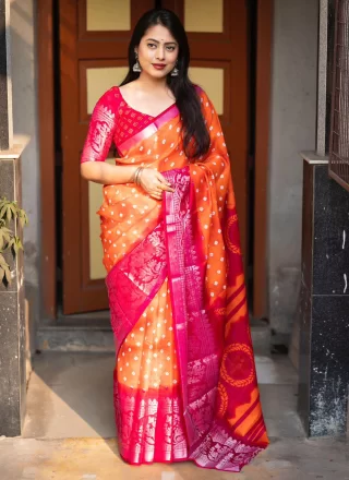 Print Work Jute Silk Contemporary Saree In Orange and Rani for Engagement