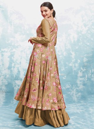 Print Work Muslin  Designer Gown In Beige